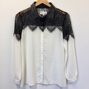 Black and White Blouse with Lace/Leather